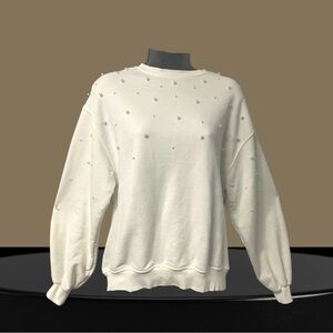 Zara White Sweatshirt SZ 13/14 Pearl Detail Long Sleeve Cottagecore Casual Women